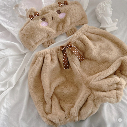 Plush Bear Winter Warm Bra Set Japanese Girl Soft Sweet and Cute Cartoon Pumpkin Pants Students Plush Sexy Bras Wireless Thin