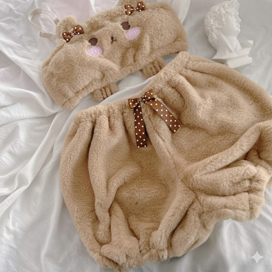 Plush Bear Winter Warm Bra Set Japanese Girl Soft Sweet and Cute Cartoon Pumpkin Pants Students Plush Sexy Bras Wireless Thin